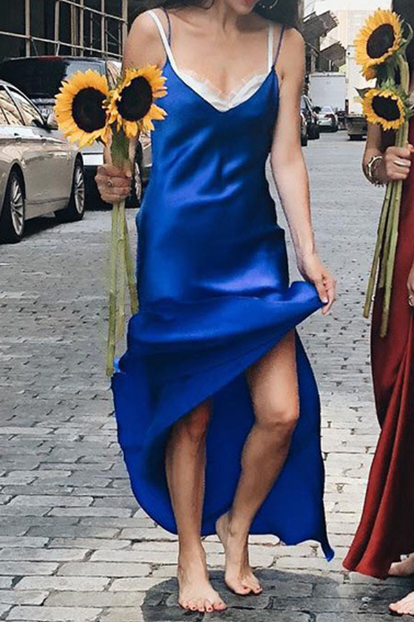 Fashion Casual Solid Split Joint Slit V Neck A Line Dresses (Without Belt)(5 colors)
