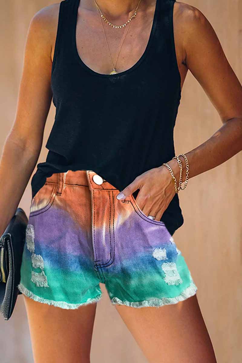 Vlovelaw Summer Tie-Dye Color Denim Shorts