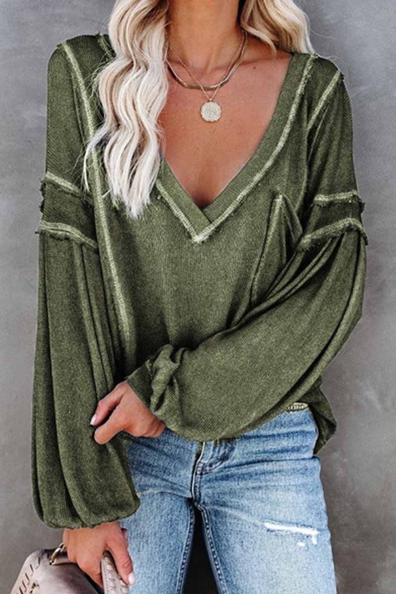 Vlovelaw Solid Color Pullover V-Neck Bubble Long Sleeves Tops(4 Colors)