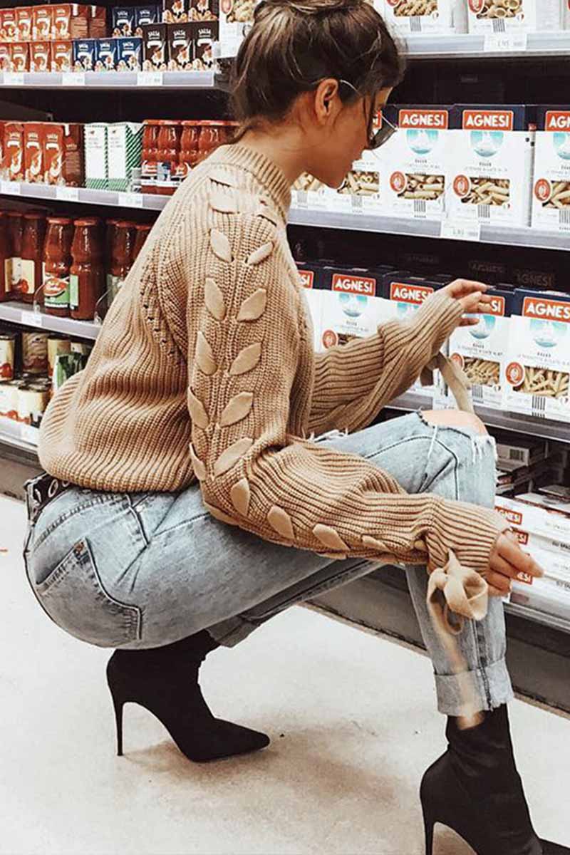Vlovelaw Tie Round Neck Solid Color Sweater