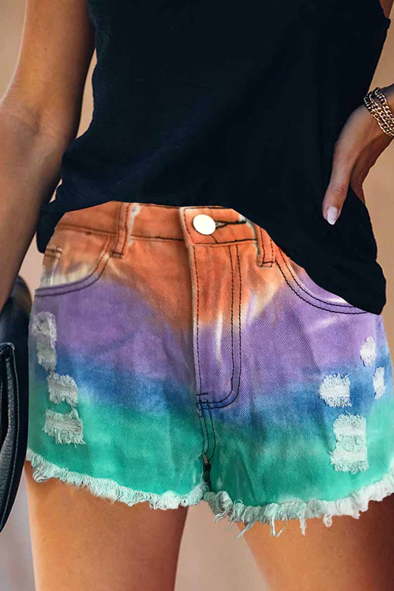 Vlovelaw Summer Tie-Dye Color Denim Shorts