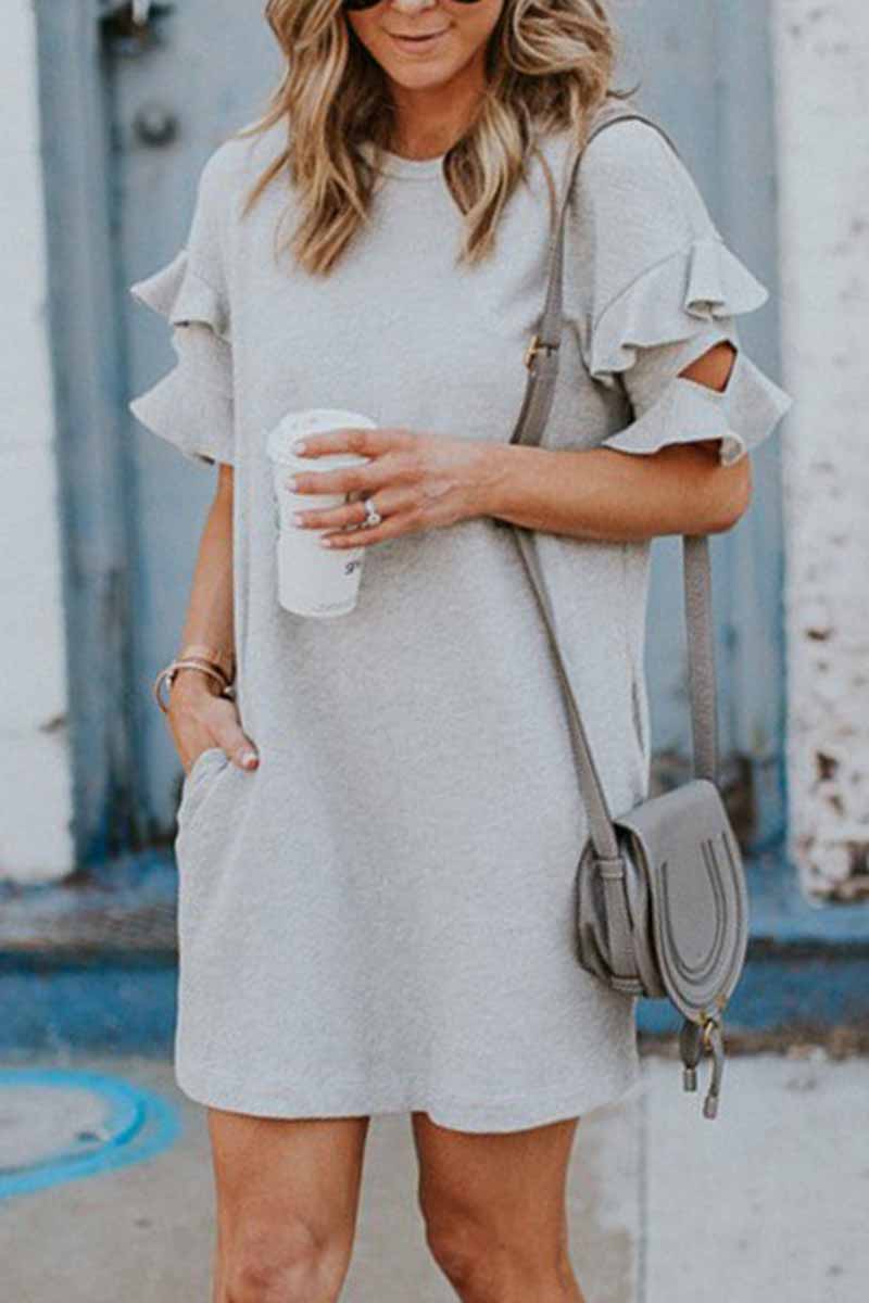 Vlovelaw Solid Color O-neck Ruffle Mini Dress