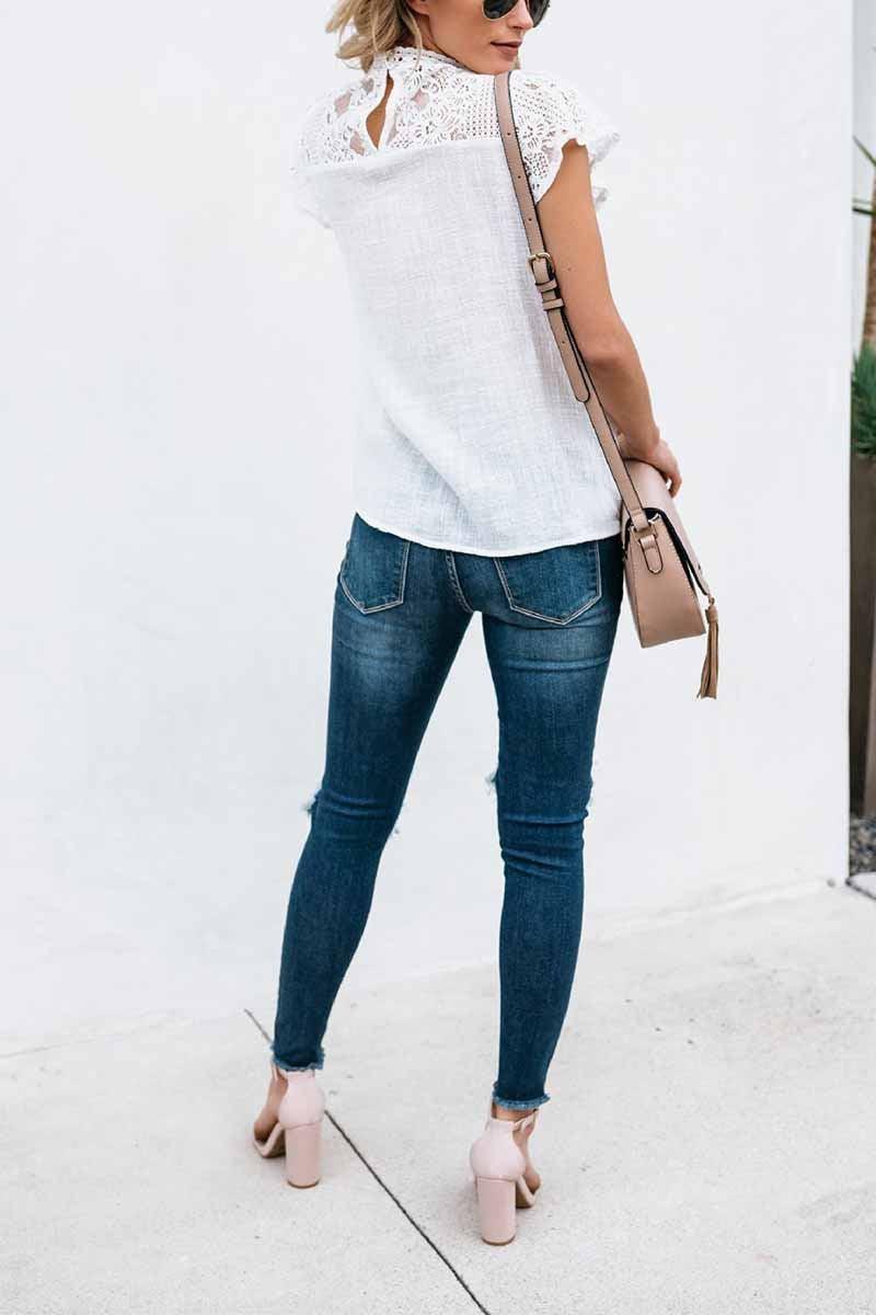 Vlovelaw Summer Geometric Stitching Lace Short Sleeves Tops (6 Colors)