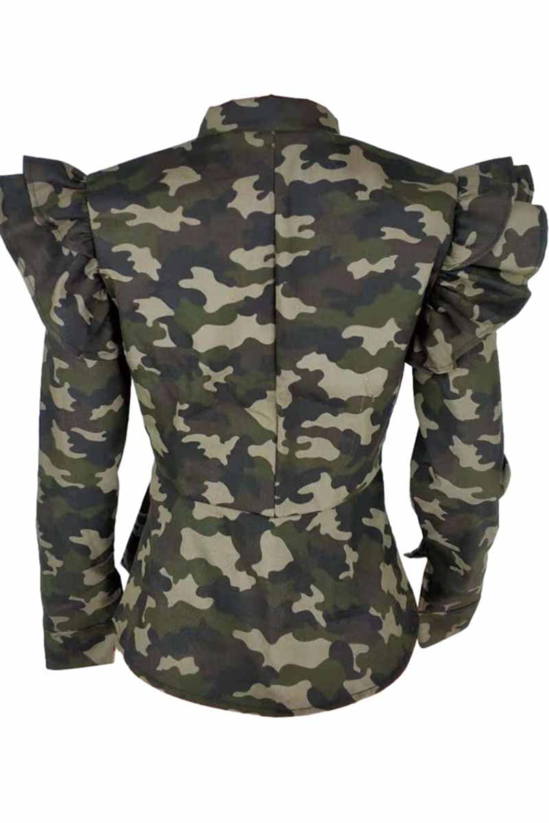 Vlovelaw Stand-up Collar Camouflage Ruffle Jacket