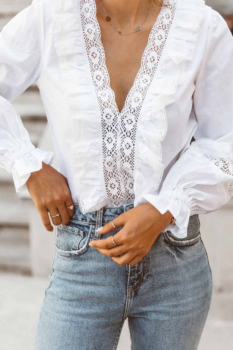 Vlovelaw Solid Color Sexy V-Neck Low-Cut Lace Tops