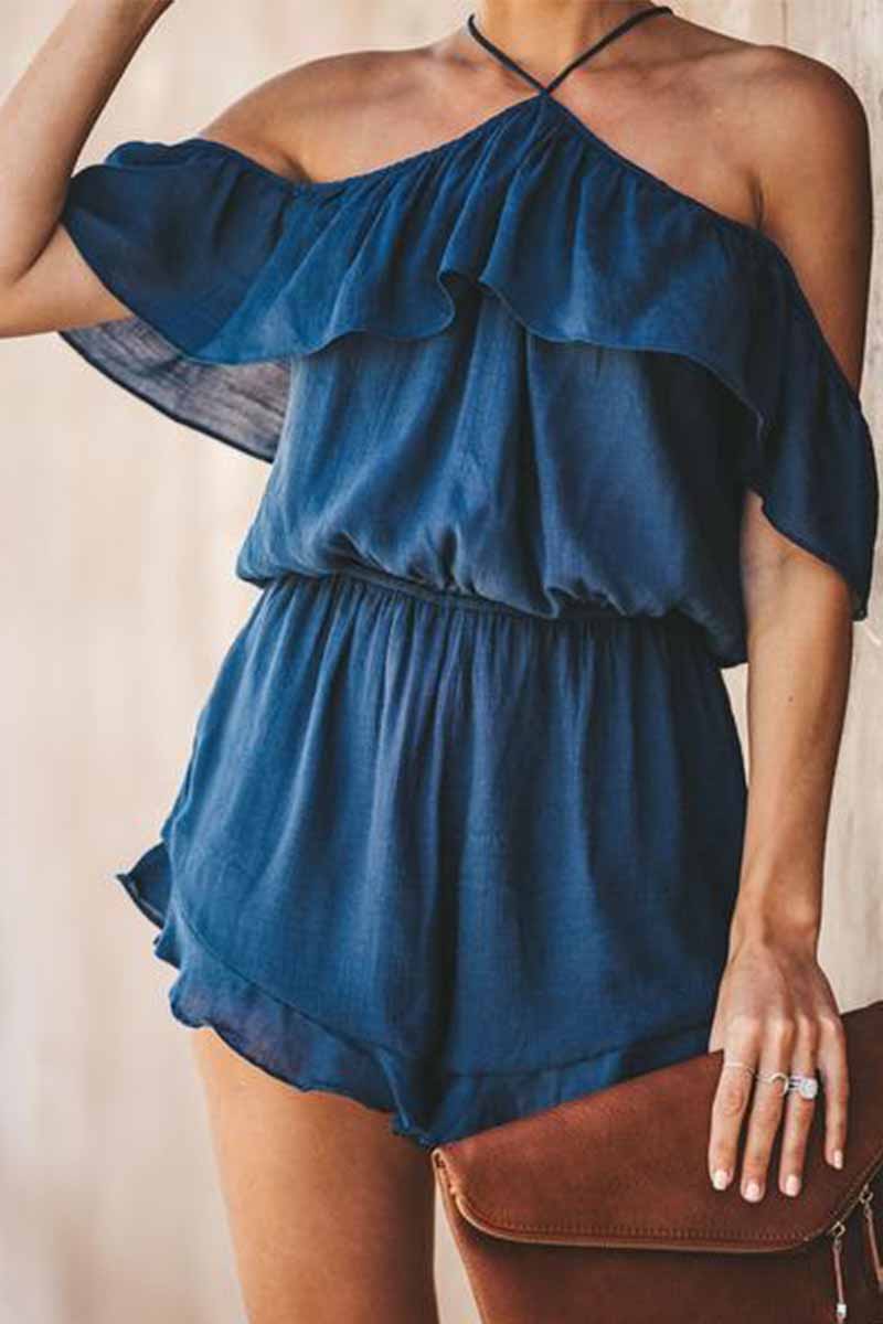 Vlovelaw Solid Color Slub Cotton Sling Ruffled Backless Jumpsuit