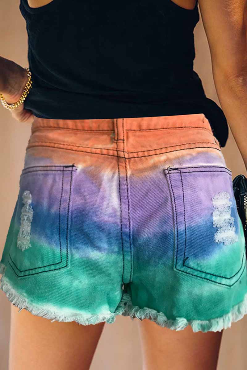 Vlovelaw Summer Tie-Dye Color Denim Shorts