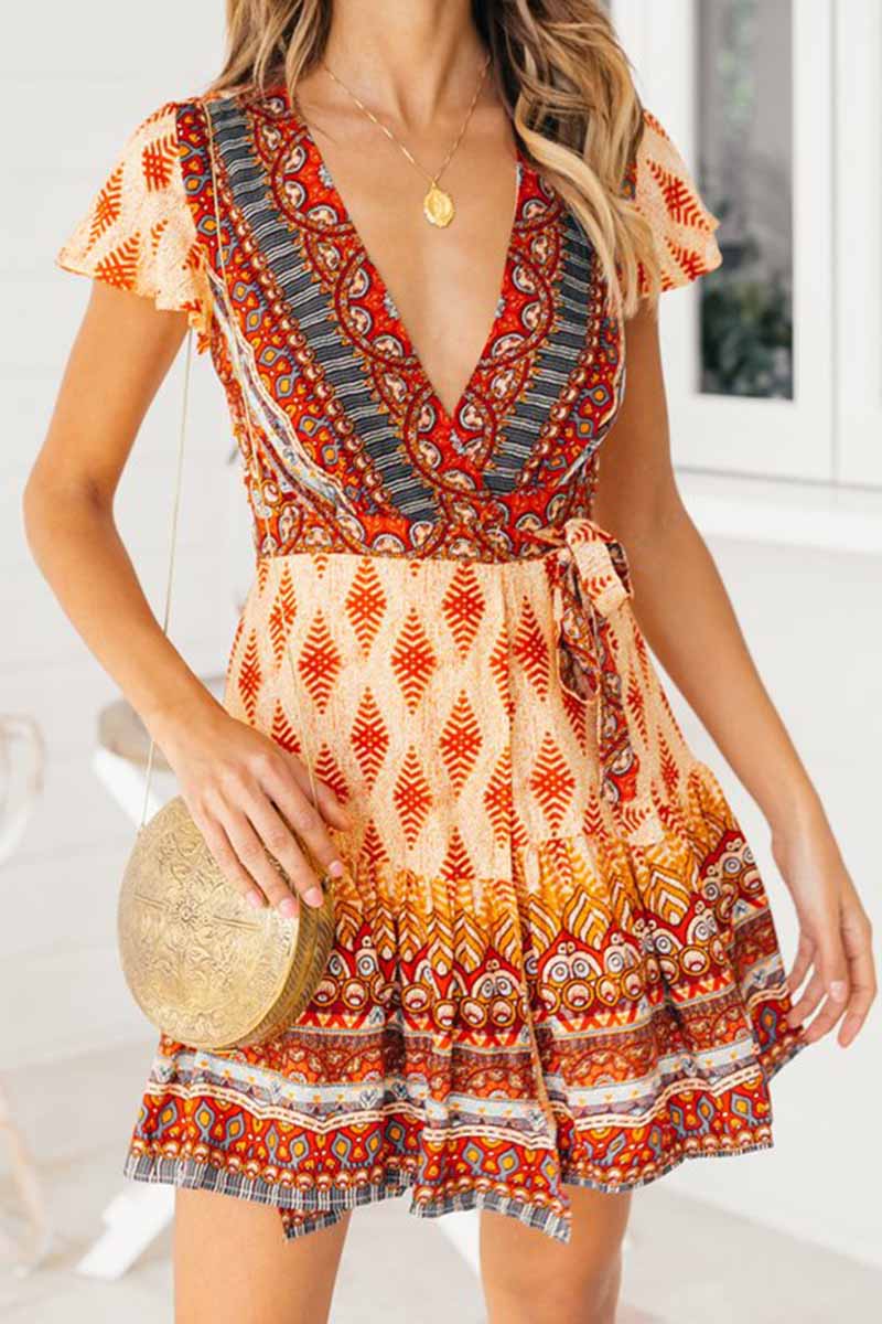 Vlovelaw Spring And Summer Fashion Retro V-Neck Print Short Sleeves Mini Dress