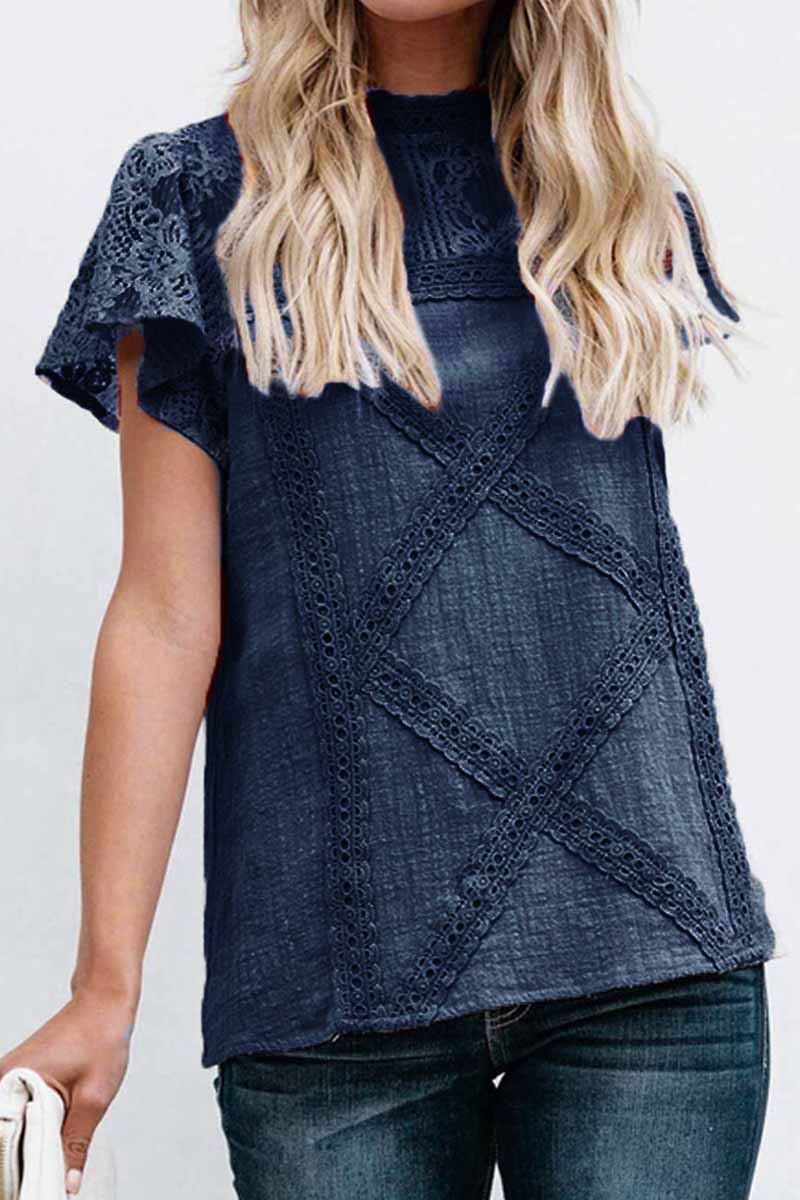 Vlovelaw Summer Geometric Stitching Lace Short Sleeves Tops (6 Colors)