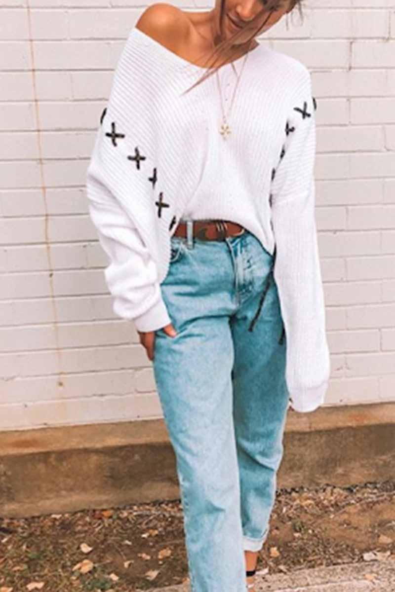 Vlovelaw Solid Color V-Neck Loose Knit Sweater