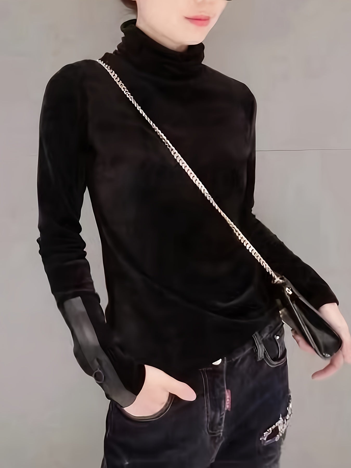 xieyinshe  Solid Turtleneck T-Shirt, Casual Long Sleeve Top For Spring & Fall, Women's Clothing