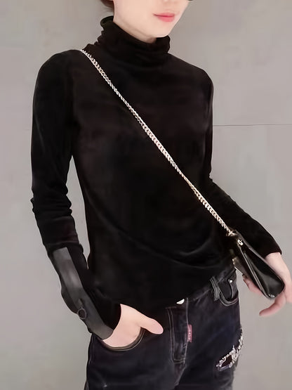 xieyinshe  Solid Turtleneck T-Shirt, Casual Long Sleeve Top For Spring & Fall, Women's Clothing