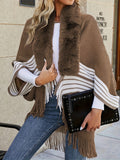 vlovelaw  Faux Fur Trim Open Front Cardigan, Fringe Hem Color Block Cape Cardigan, Women's Clothing