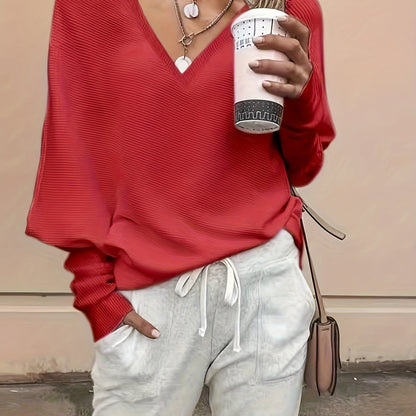 Solid V Neck T-Shirt, Casual Long Sleeve Top For Spring & Fall, Women's Clothing