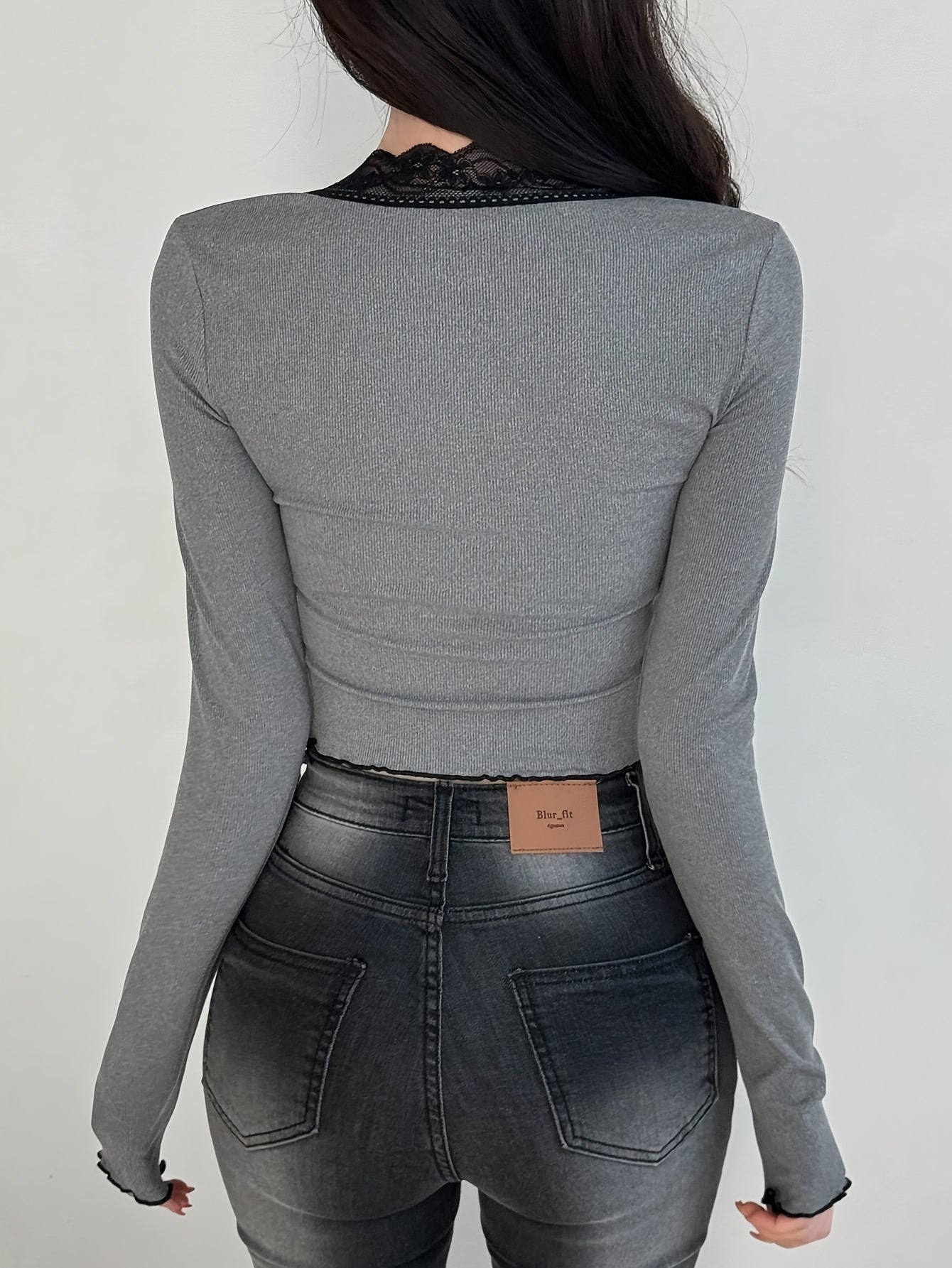 Elegant V-Neck Button-Up Long Sleeve T-Shirt for Women – Solid Color Knit Polyester Blend Top with Lace Details, Stretch Fit for All Seasons