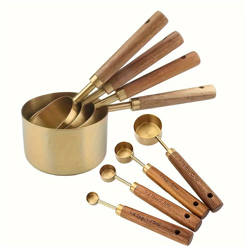 8pcs Set Stainless Steel Measuring Cups And Spoons With Acacia Wood Handles, Durable Kitchen Baking Tools, Includes Spice Spoon & Coffee Scoop, Nesting Design For Easy Storage