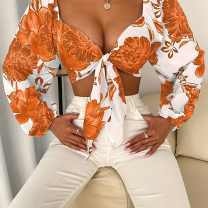 vlovelaw  Floral Print Knot Front Blouse, Elegant Lantern Sleeve Crop Top, Women's Clothing