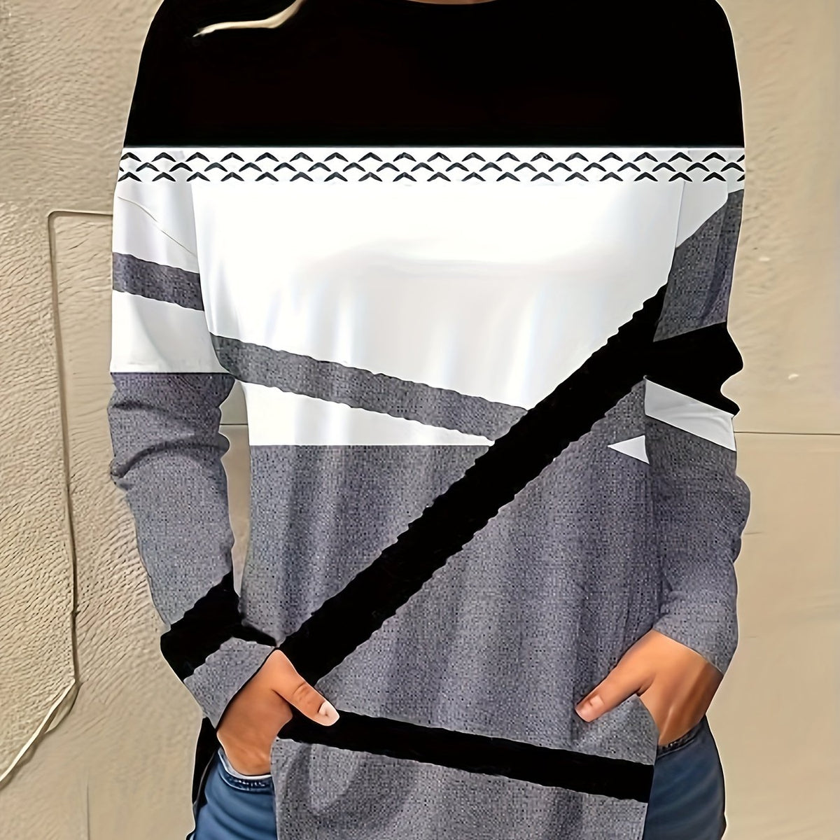 vlovelaw  Colorblock Print Crew Neck T-Shirt, Casual Long Sleeve Top For Spring & Fall, Women's Clothing