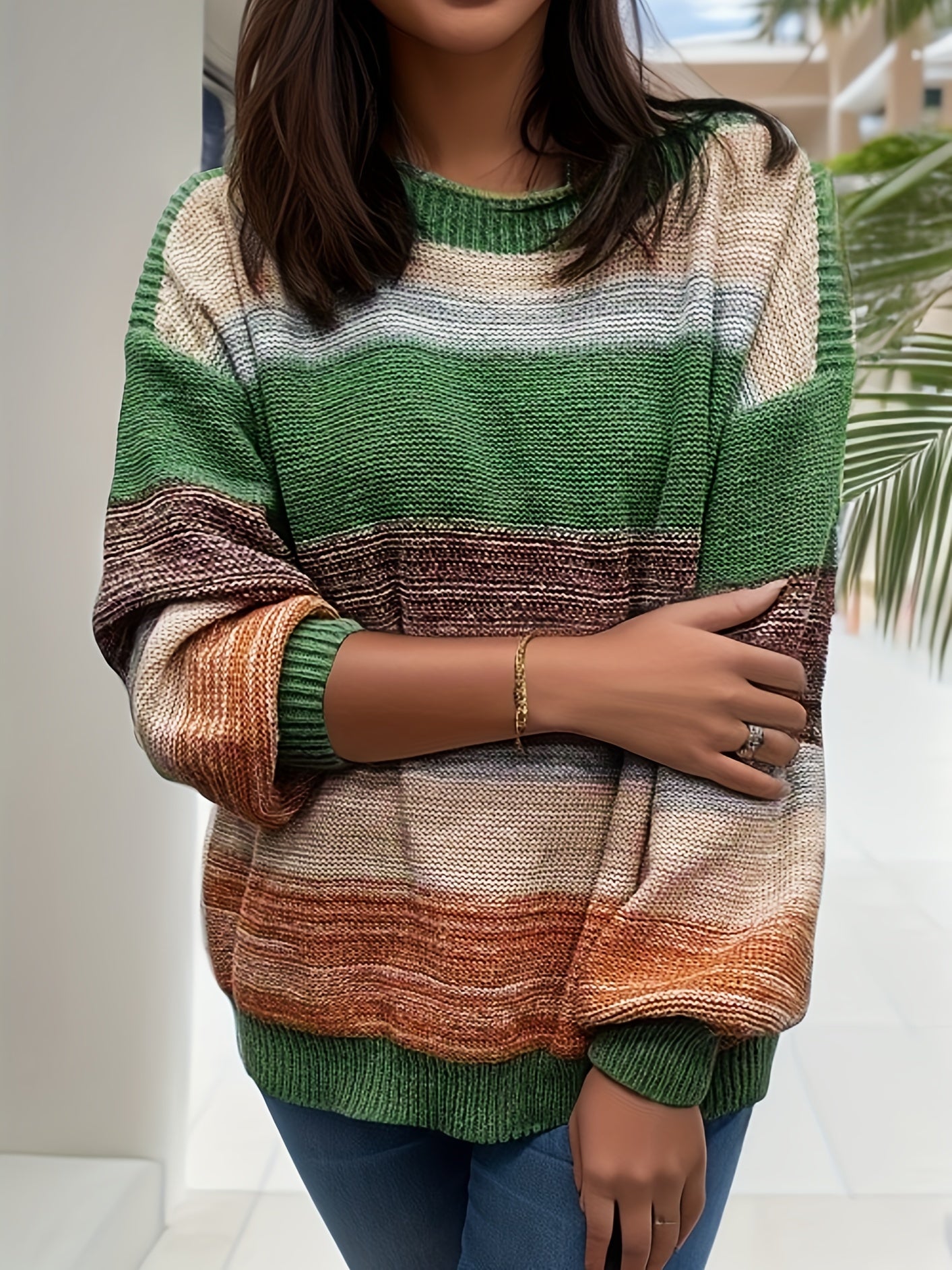 vlovelaw  Plus Size Casual Sweater, Women's Plus Colorblock Long Sleeve Round Neck High Stretch Jumper