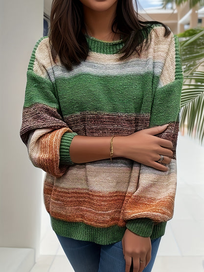 vlovelaw  Plus Size Casual Sweater, Women's Plus Colorblock Long Sleeve Round Neck High Stretch Jumper