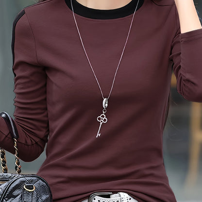 vlovelaw  Color Block Crew Neck T-Shirt, Casual Long Sleeve T-Shirt For Spring & Fall, Women's Clothing