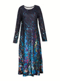 Allover Print Maxi Dress, Casual Crew Neck Long Sleeve Dress, Women's Clothing
