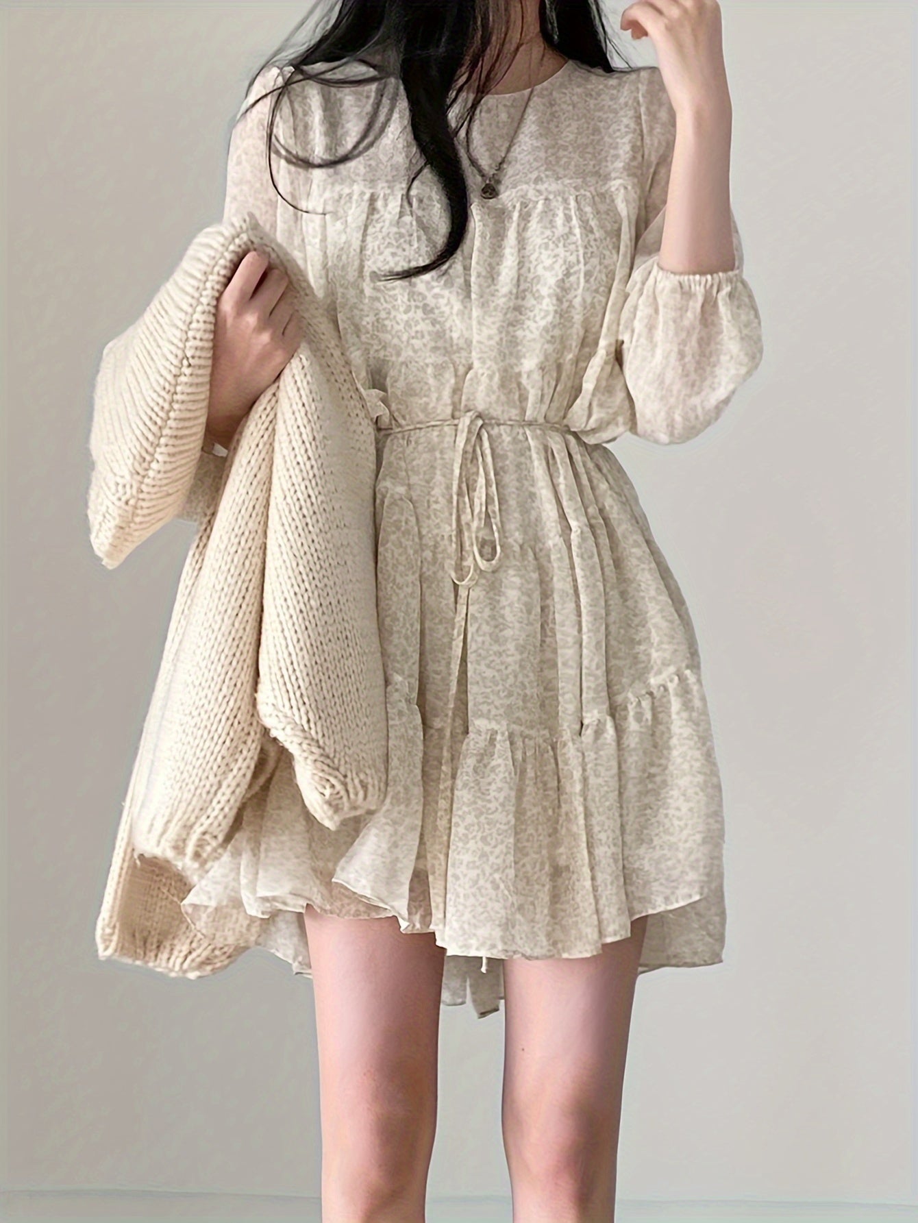 vlovelaw Allover Print Tie Waist Dress, Elegant Crew Neck Ruffle Hem Dress For Spring & Fall, Women's Clothing