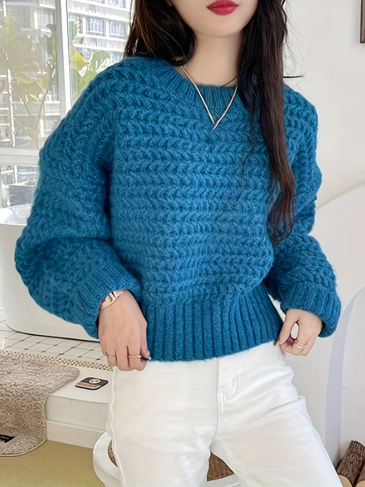 vlovelaw Solid Chunky Knit Pullover Sweater, Casual Long Sleeve Thick Sweater, Women's Clothing