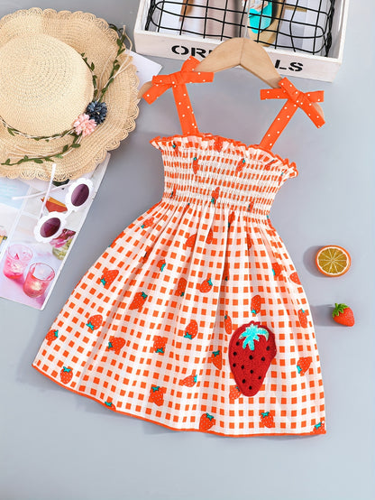 Adorable Sleeveless Strawberry Plaid Print Umbrella Skirt Dress for Girls - Cute Bow Straps, Slight Stretch Fabric, Flared Hem, Regular Fit, Perfect for Summer Holiday Party