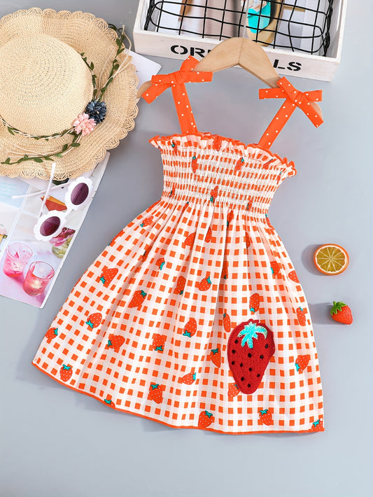 Adorable Sleeveless Strawberry Plaid Print Umbrella Skirt Dress for Girls - Cute Bow Straps, Slight Stretch Fabric, Flared Hem, Regular Fit, Perfect for Summer Holiday Party