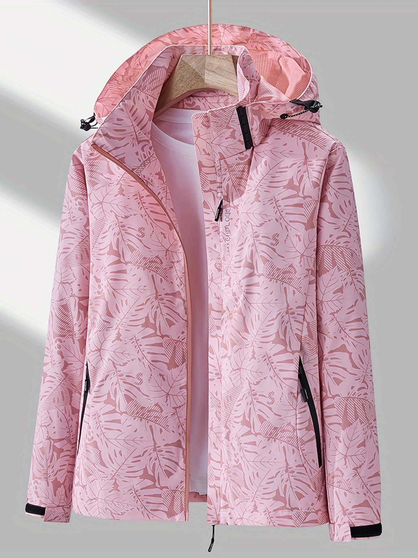 vlovelaw  Leaf Print Outdoor Jacket With Removable Hood, Women's Windproof & Rainproof Jacket, Women's Outdoor Clothing
