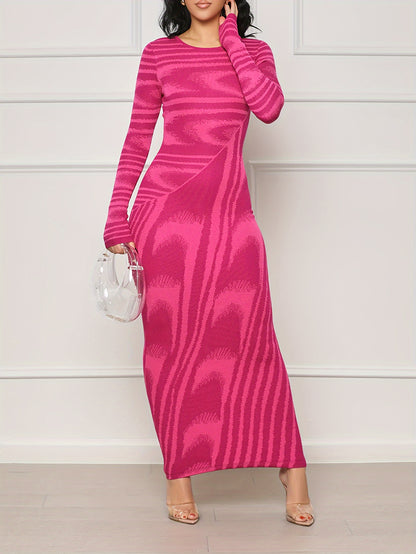 Abstract Print Long Sleeve Dress, Stylish Crew Neck Maxi Length Slim Dress, Women's Clothing