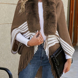 vlovelaw  Faux Fur Trim Open Front Cardigan, Fringe Hem Color Block Cape Cardigan, Women's Clothing