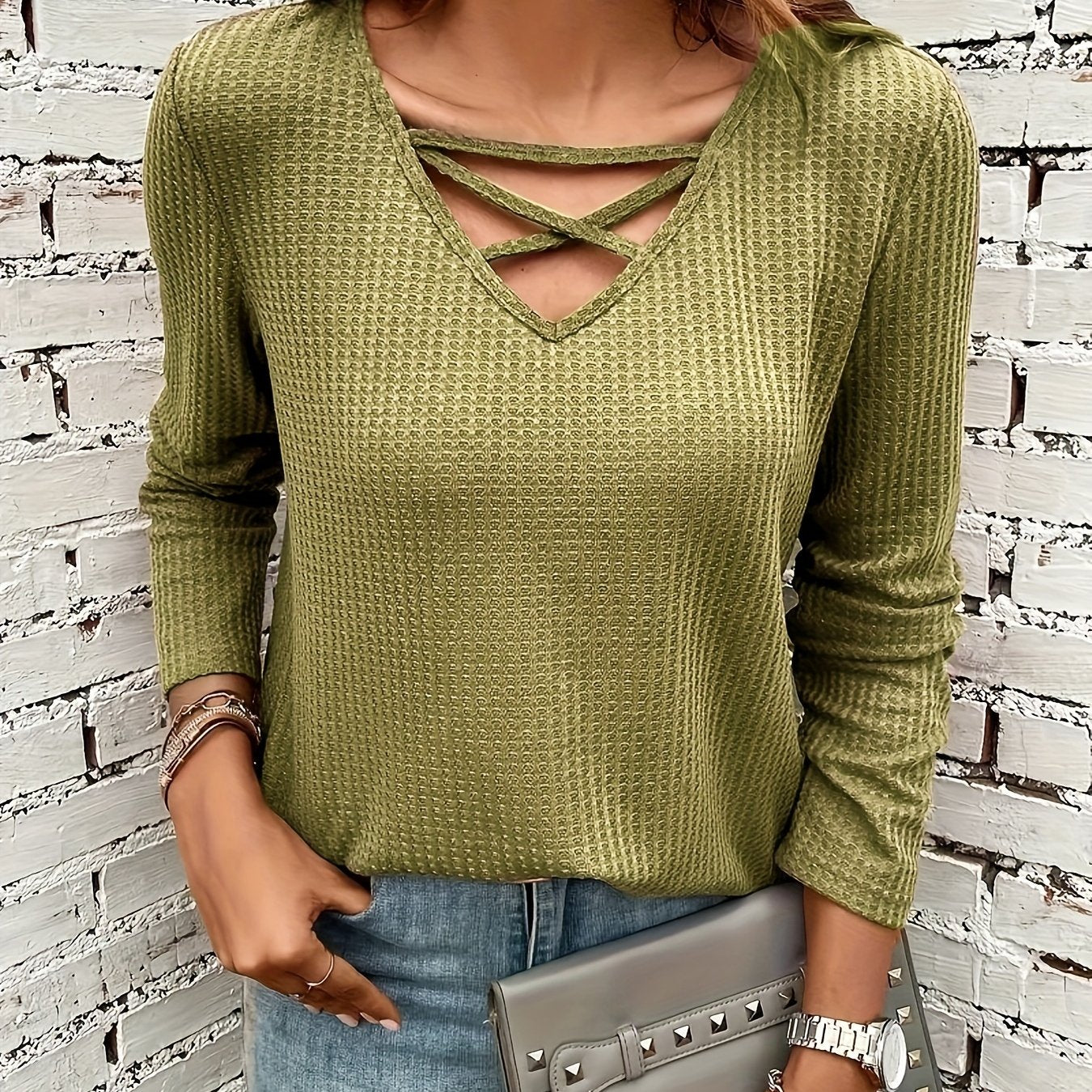 vlovelaw  Cross Front V Neck Knitted Top, Casual Long Sleeve Top For Spring & Fall, Women's Clothing