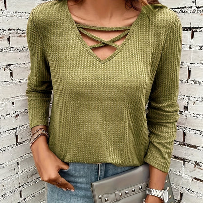 vlovelaw  Cross Front V Neck Knitted Top, Casual Long Sleeve Top For Spring & Fall, Women's Clothing