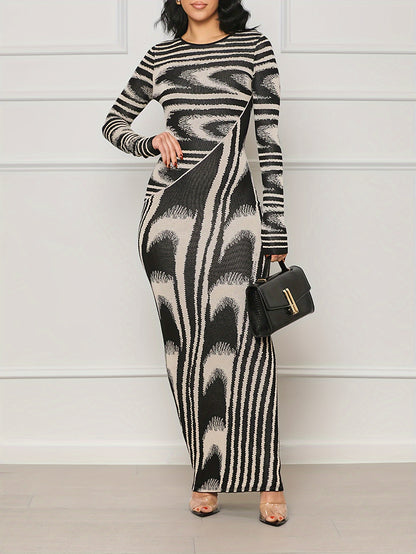Abstract Print Long Sleeve Dress, Stylish Crew Neck Maxi Length Slim Dress, Women's Clothing