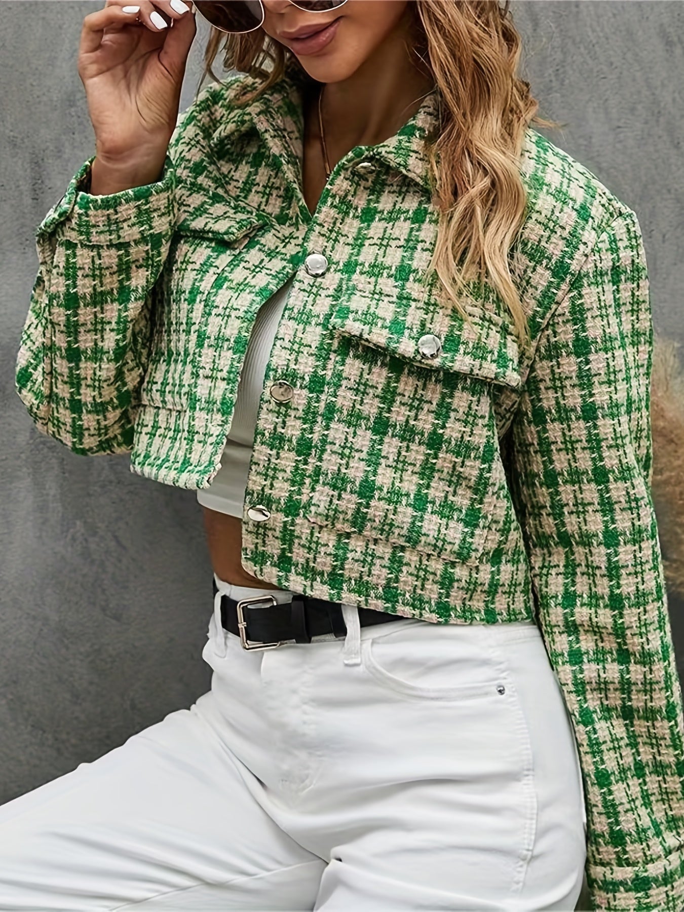 Plaid Pattern Cropped Jacket, Casual Button Front Long Sleeve Outerwear, Women's Clothing