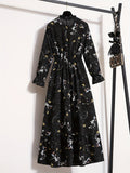 vlovelaw  Floral Print Ruffle Trim Dress, Elegant Stand Collar Long Sleeve Maxi Dress, Women's Clothing