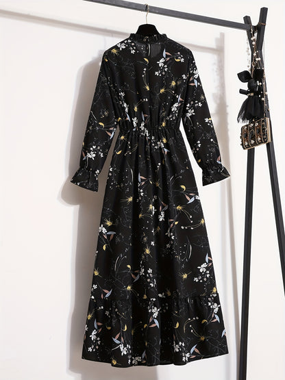 Floral Print Ruffle Trim Dress, Elegant Stand Collar Long Sleeve Maxi Dress, Women's Clothing