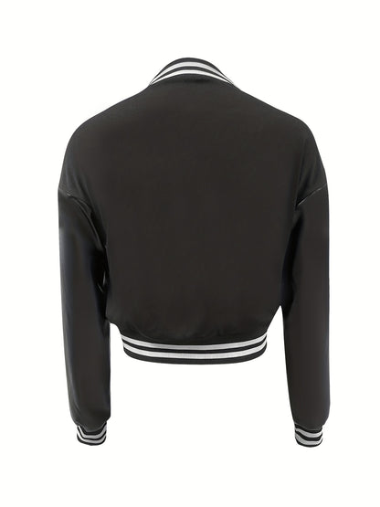 vlovelaw  Contrast Faux Leather Letter Print Crop Jacket, Casual Button Up Bomber Jacket For Spring & Fall, Women's Clothing