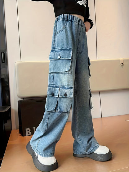 Girls' Autumn/winter Trousers, Trendy Loose Straight Multi-pocket Cargo Denim Pants, Kids' Jeans For Outdoor, Kids Clothing