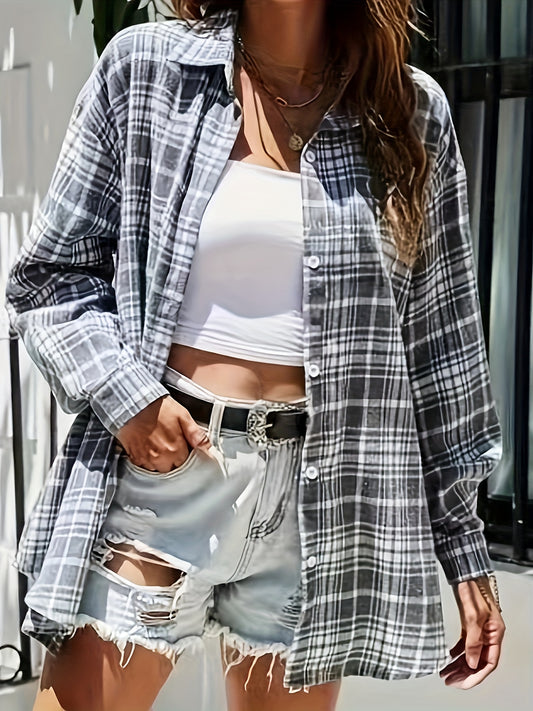 vlovelaw Plaid Print Classic Shirt, Casual Button Front Long Sleeve Shirt, Women's Clothing