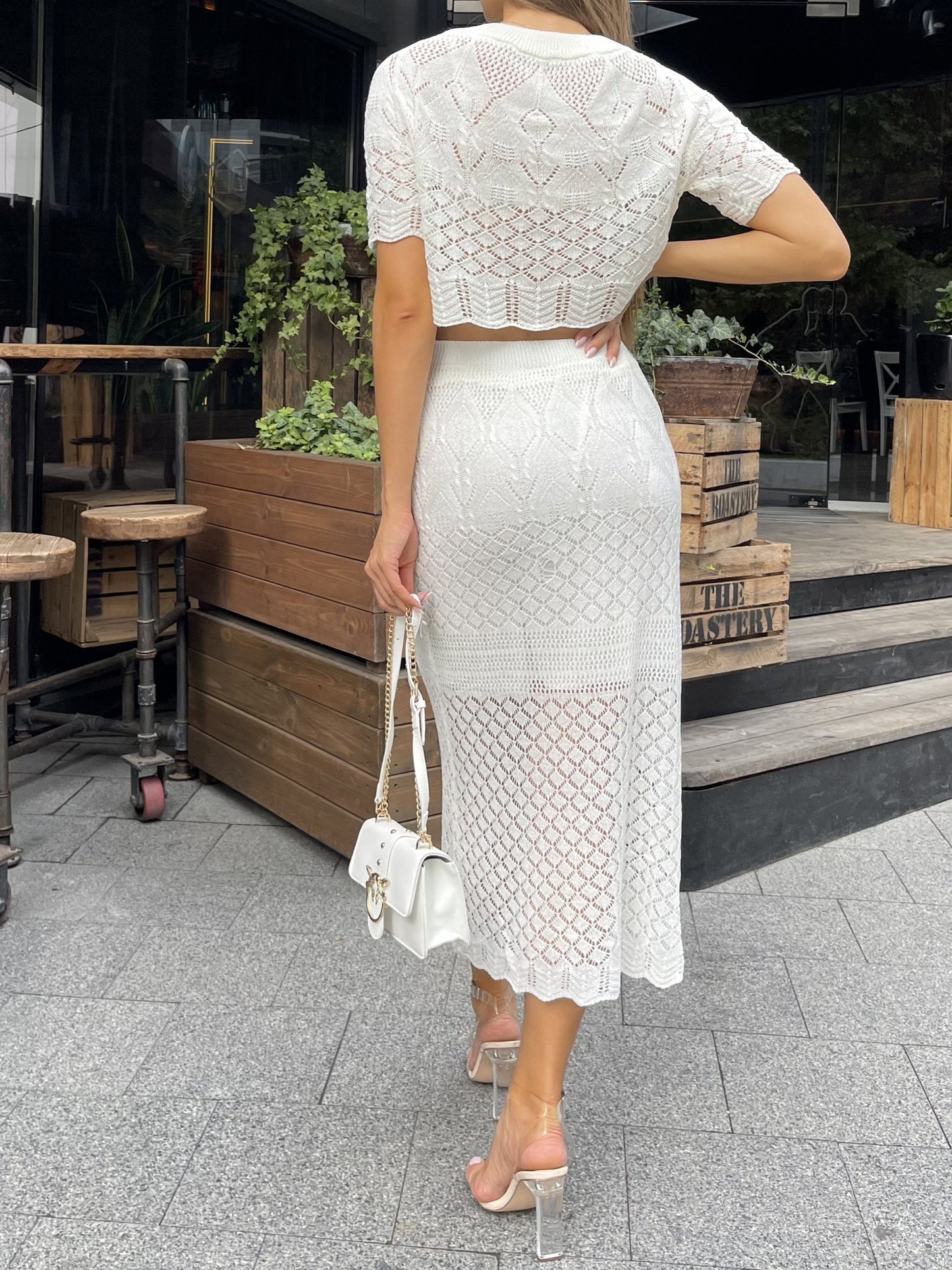 vlovelaw  Hollow Out Knitted Skirt Suit, Crew Neck Short Sleeve Crop Top & High Waist Scallop Trim Semi-sheer Skirt Outfits, Women's Clothing