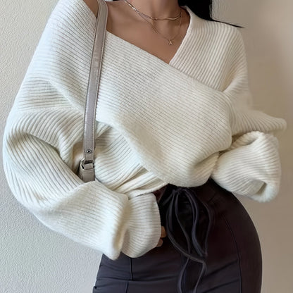 vlovelaw Solid Cross Front Knit Sweater, Sexy V Neck Long Sleeve Loose Fashion Sweater, Women's Clothing