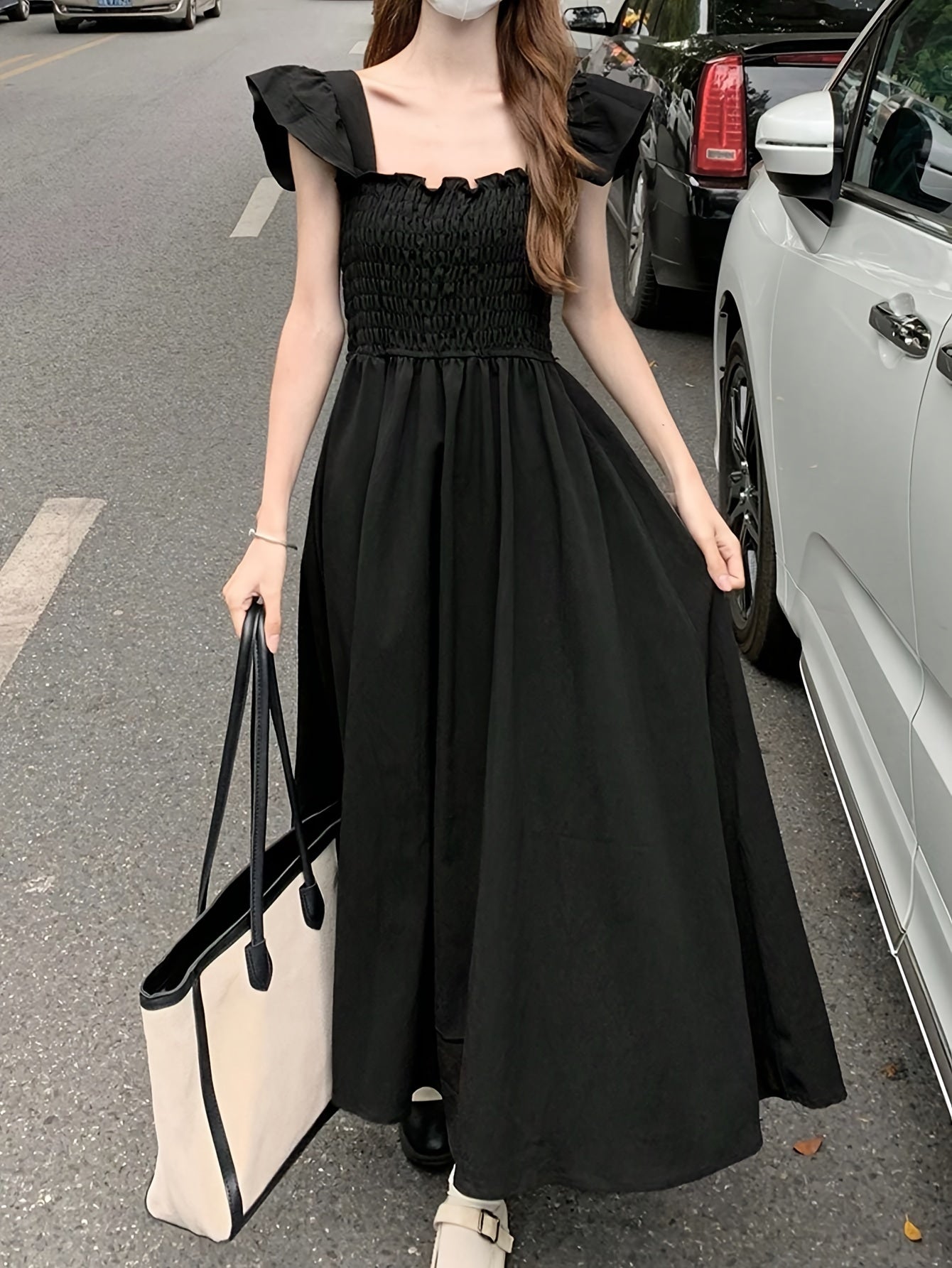 vlovelaw  Solid Square Neck Dress, Elegant Ruffle Sleeve Shirred Dress For Spring & Summer, Women's Clothing
