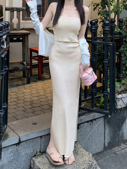 Solid Color One-shoulder Dress, Chic Skew Neck Split Hem Slim Dress, Women's Clothing