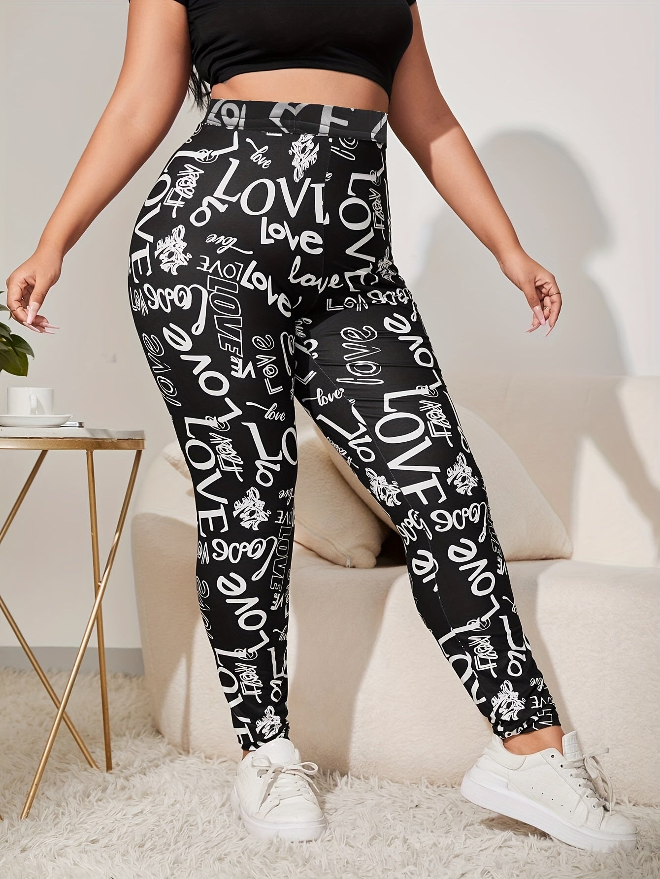 vlovelaw  Plus Size Casual Leggings, Women's Plus Giraffe Print Elastic High Rise Medium Stretch Leggings