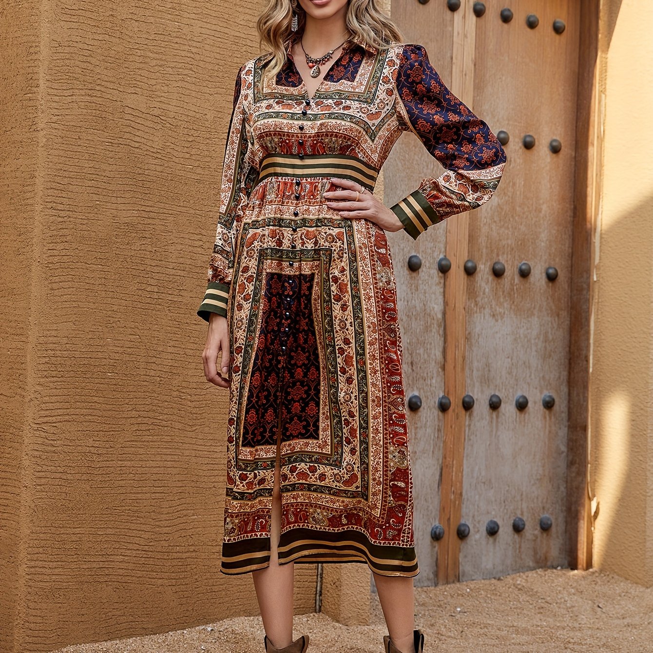 vlovelaw Boho Allover Print Button Detail Dress, Vintage V Neck Long Sleeve Dress For Spring & Fall, Women's Clothing