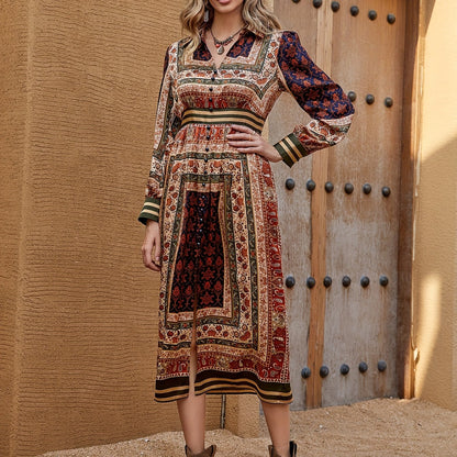 vlovelaw Boho Allover Print Button Detail Dress, Vintage V Neck Long Sleeve Dress For Spring & Fall, Women's Clothing