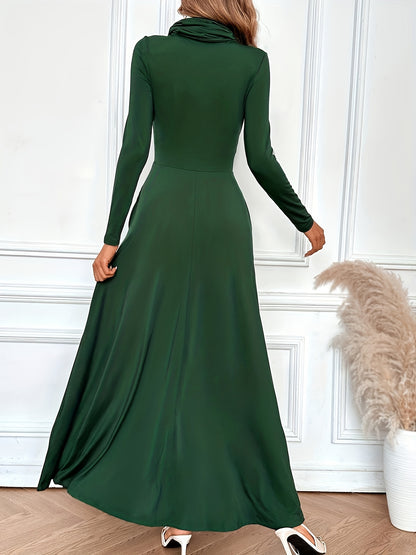 Solid Cowl Neck Dress, Elegant Long Sleeve Party Maxi Dress, Women's Clothing